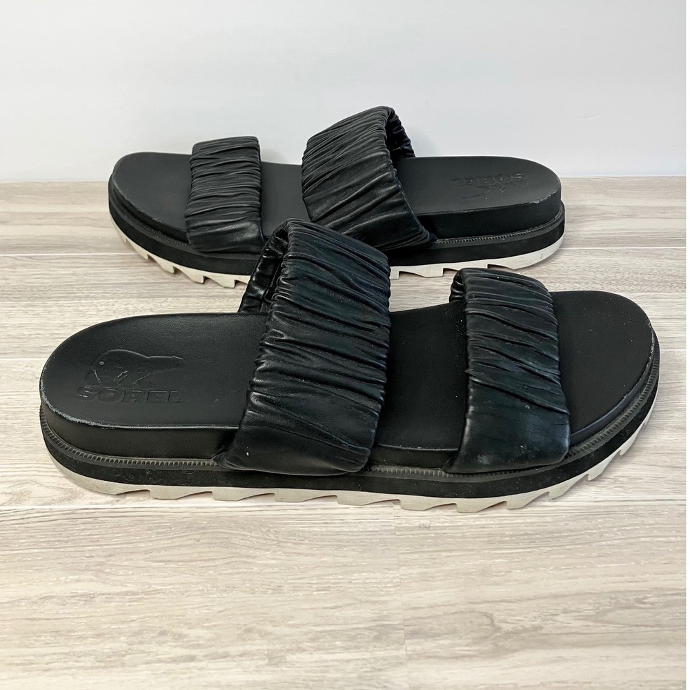SOREL Roaming Ruched Slide Sandals Size 10 Leather Double Strap Vacation Black - Picture 3 of 11